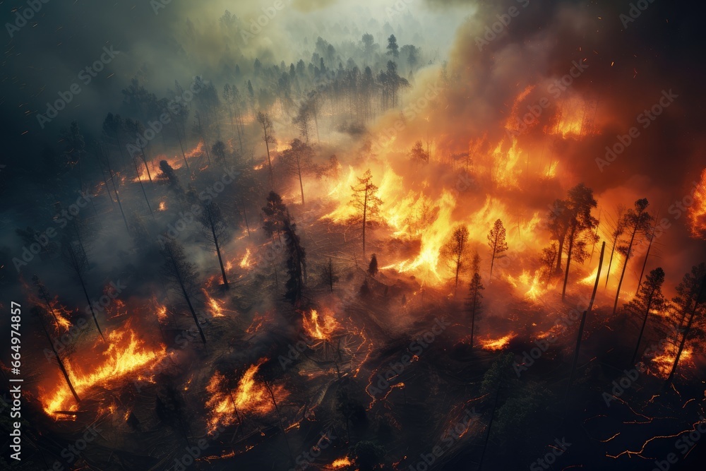 Aerial view of a burning forest. Wildfire, global warming and climate change concept. Aerial view of a burning forest. Wildfire, global warming and climate change concept.