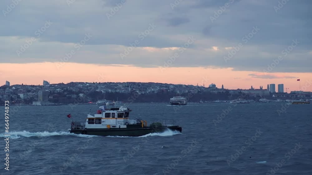 Bosphorus, Istanbul at sunset. Slow motion of vessels and boats on water. Bosphorus, Istanbul at sunset. Slow motion of vessels and boats on water.