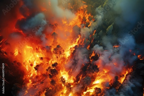 Aerial view of a burning forest. Wildfire, global warming and climate change concept. © LeitnerR
