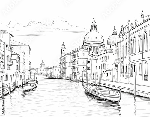 Captivating sketch of serene Venetian canal showcases Italys floating city in monochromatic splendor. Meticulous detail highlights grandeur of historic architecture, from iconic domed structures to
