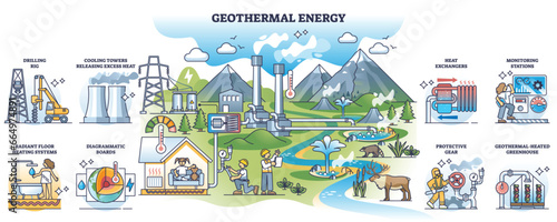 Geothermal energy and heat temperature from underground outline collection. Labeled educational diagram with volcanic geological layers usage for heating or electricity production vector illustration