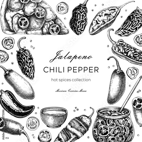 Mexican cuisine menu restaurant frame design. Ripe jalapeno chili pepper sketches. Hot spices, vegetarian, healthy food hand drawn vector illustration. Jalapeno with slices and seeds for packaging