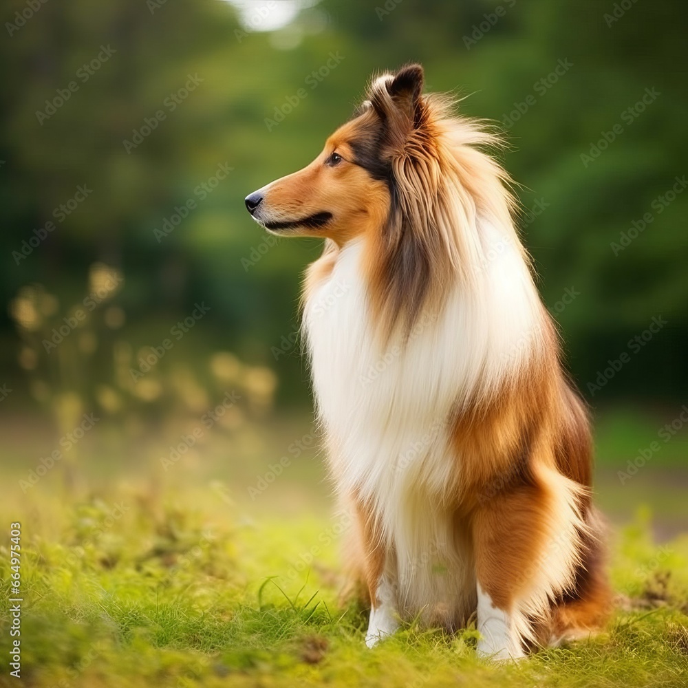 Sheltie sitting on the green meadow in a summer green field. Sheltie dog sitting on the grass with summer landscape in the background. AI generated illustration.