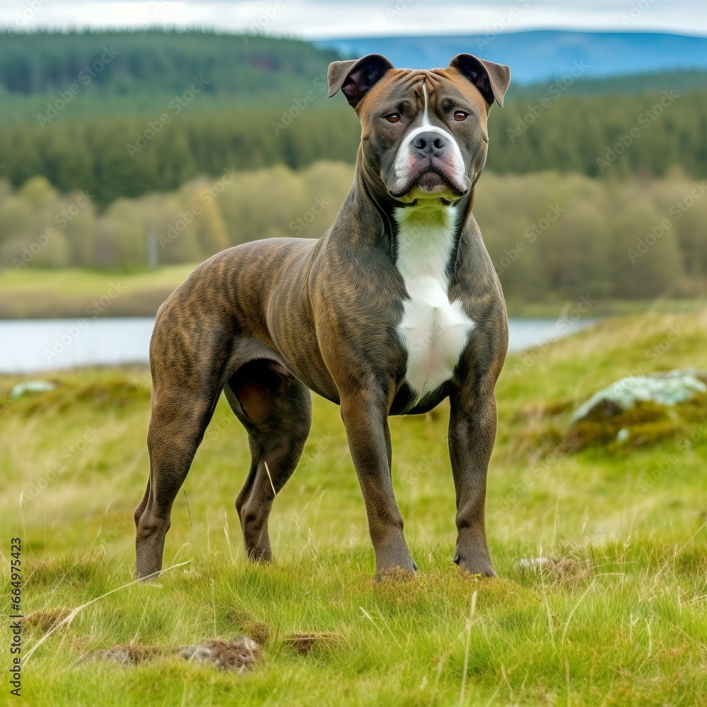 Staffordshire Bull Terrier standing on the green meadow in a summer green field. Staffordshire Bull Terrier dog standing on the grass with summer landscape in the background. 