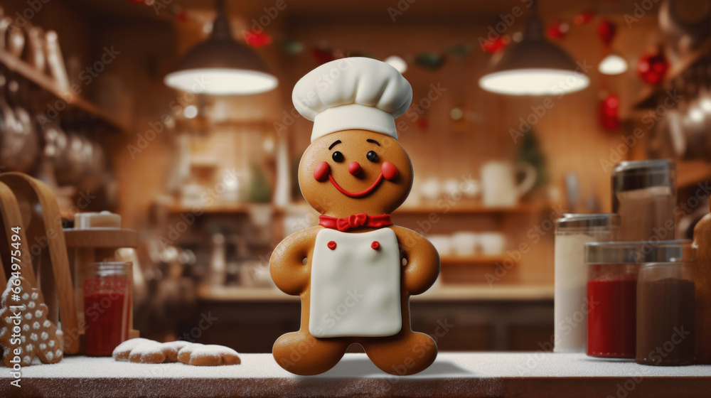 Funny Gingerbread man cook on Christmas bakery kitchen background