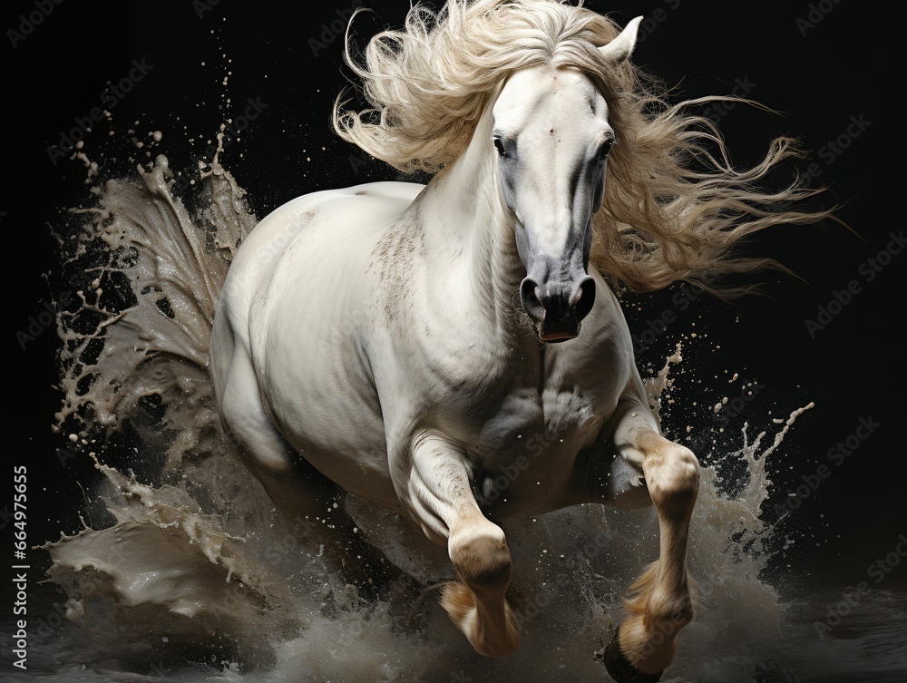 Strong White Horse Galloping with Water Splashes on Black Background
