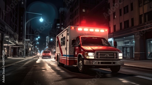 An ambulance driving through the city at night.