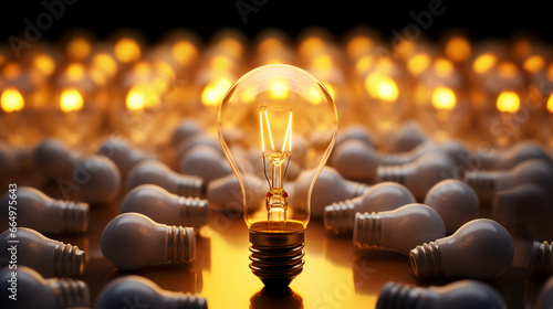 Lit energy saving lightbulb amongst unlit incandescent bulbs