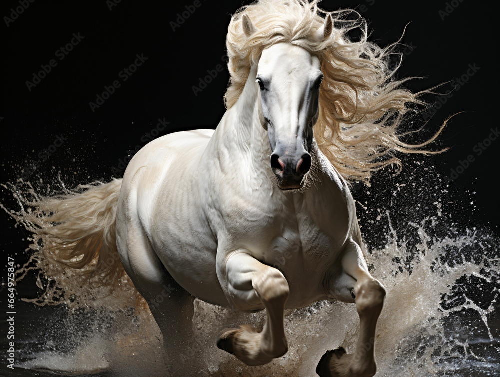 Naklejka premium Strong White Horse Galloping with Water Splashes on Black Background