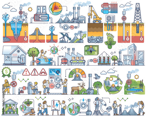 Geothermal energy and heat from underground layers outline collection set. Elements with green, sustainable and environmental electricity production from magma, lava or geyser vector illustration.