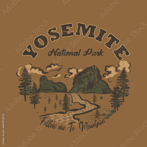 Yosemite national park autumn winter T-shirt graphic print for hand drawn,  graphic print design for t shirt and others. Mountain and wild tree vintage artwork.