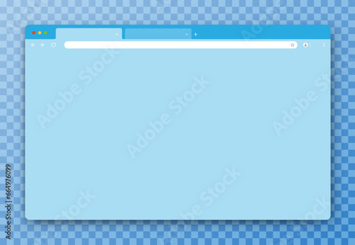 The design of the web browser window is blue on a transparent background. An empty website layout with a search bar and toolbar. Vector illustration.