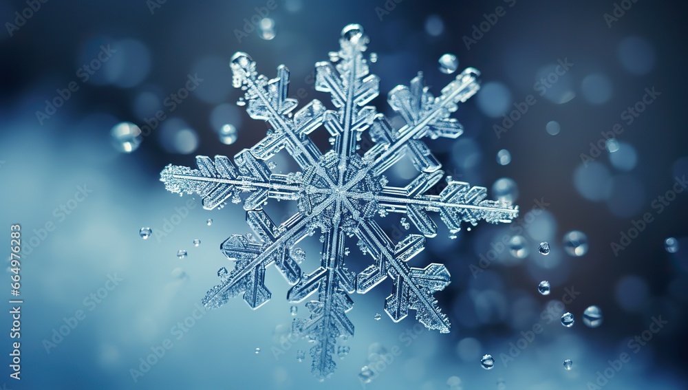 Snowflake on a dark blue background with macro details and water droplets.