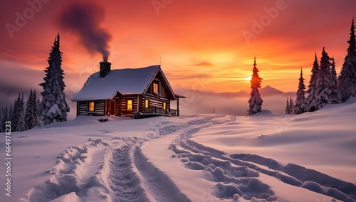 Winter landscape, a cabin in the mountains at sunset amidst snowy trees. © volga