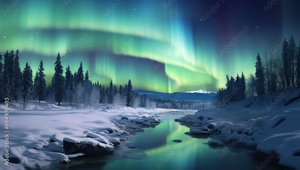 Mesmerizing glow of the northern lights over a snow-covered forest and river.