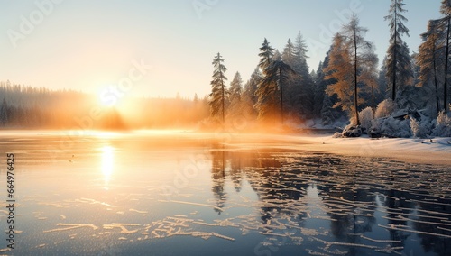 Snow-covered forest at sunrise with tree reflections in a frozen lake. © volga
