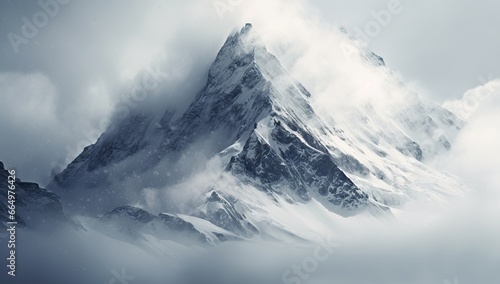 Snow-covered mountain peaks in the clouds. © volga