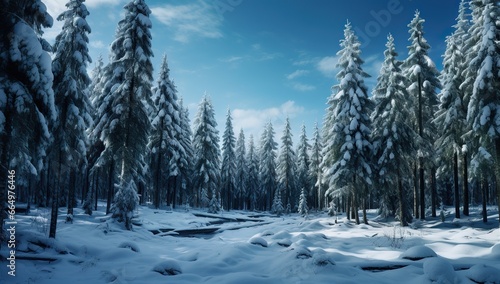 Snowy winter forest with snow-covered firs under a clear blue sky.