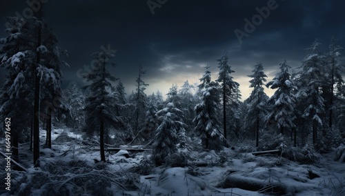 Snowy forest in twilight with dark clouds in the background.