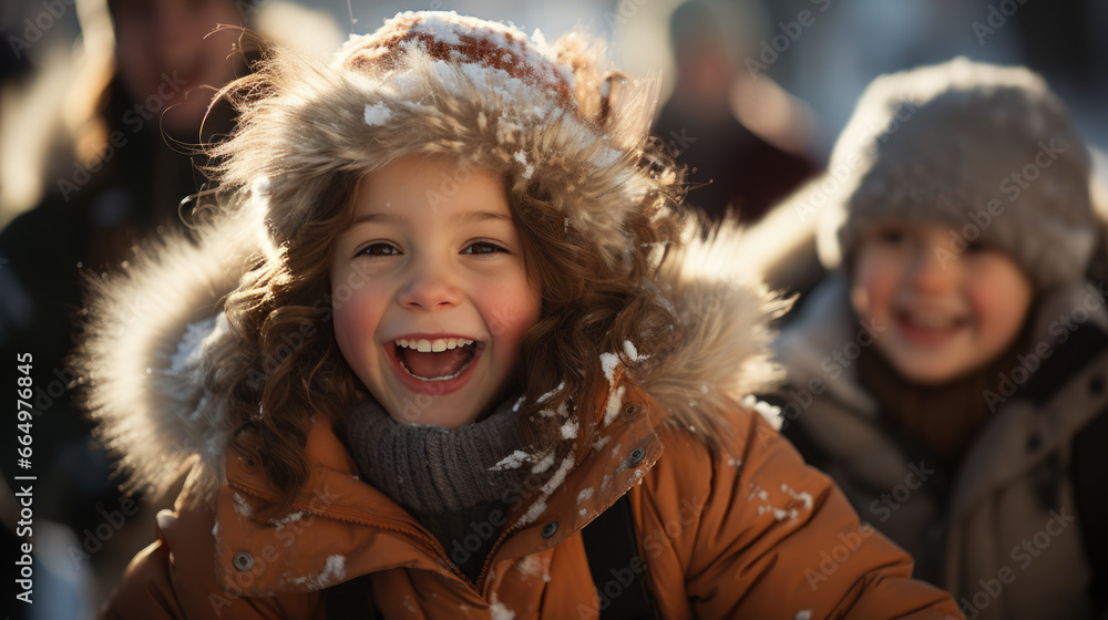 Portrait of a Joyful Young Girl Playfully Running in the Snow with her friends. Portrait of a Joyful Young Girl Playfully Running in the Snow with her friends.
