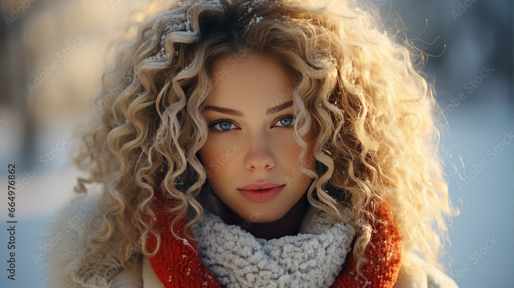 Portrait of a Beautiful Blonde Woman in Winter with Curly Hair in a Snowy Landscape