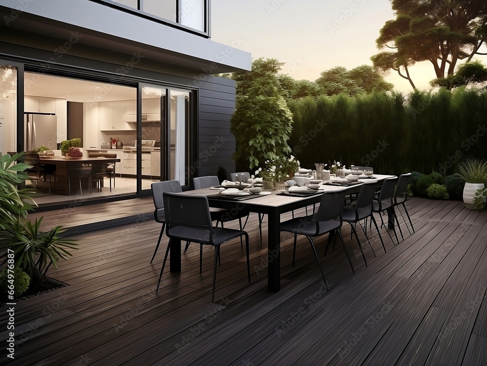 Modern terrace with large dining table and wooden floor in front of house generative ai