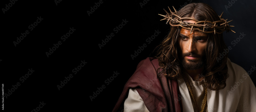 Photorealist image of Jesus Christ with a crown of thorns with copy space Photorealist image of Jesus Christ with a crown of thorns with copy space
