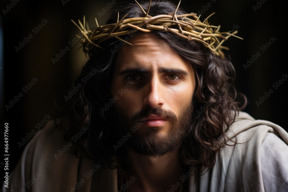 Photorealist image of Jesus Christ with a crown of thorns Photorealist image of Jesus Christ with a crown of thorns