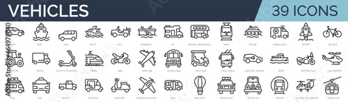 Set of 39 outline icons related to vehicles. Linear icon collection. Editable stroke. Vector illustration