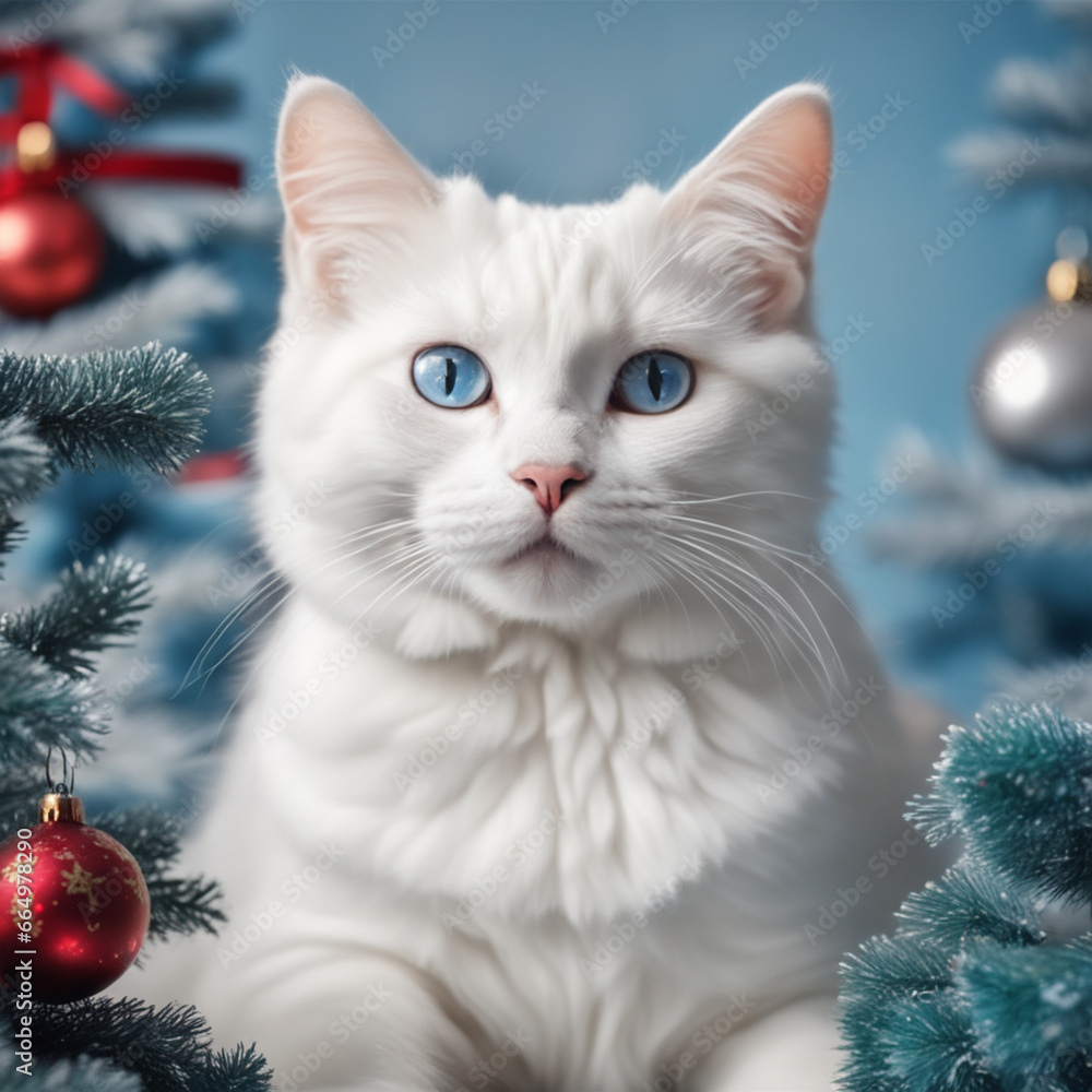 White Cute cat sitting under the Christmas tree. Cats and New year. Christmas gifts and decorations. Blue-eyed cats. Home decor. White Cute cat sitting under the Christmas tree. Cats and New year. Christmas gifts and decorations. Blue-eyed cats. Home decor.
