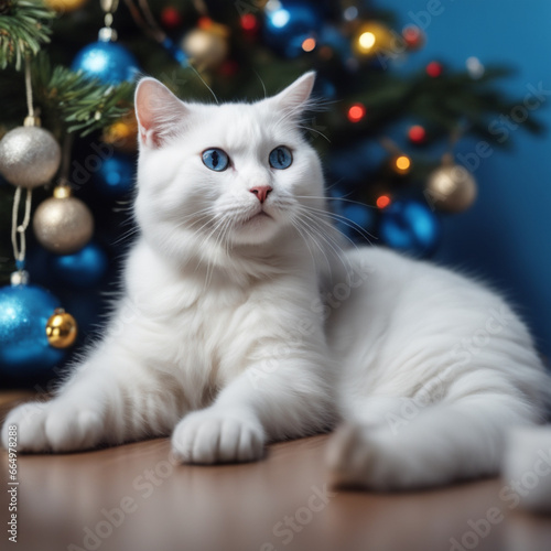 White Cute cat sitting under the Christmas tree. Cats and New year. Christmas gifts and decorations. Blue-eyed cats. Home decor.