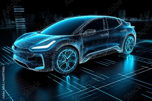 futuristic electric car with a holographic wireframe digital technology  Electric Vehicle