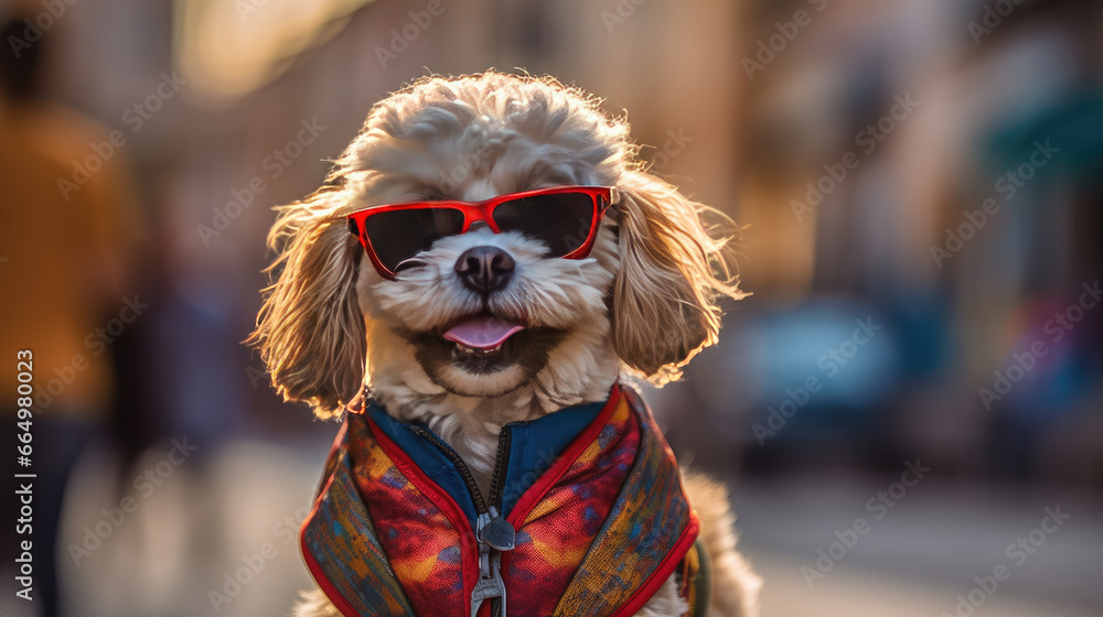 A happy dog wearing cool sunglasses and carrying a backpack on the street