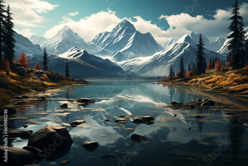 Photo of a painting of a lake with mountains