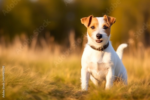 Happy jack russell terrier pet dog waiting  listening in the grass.