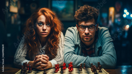 Confused couple playing chess indoors.