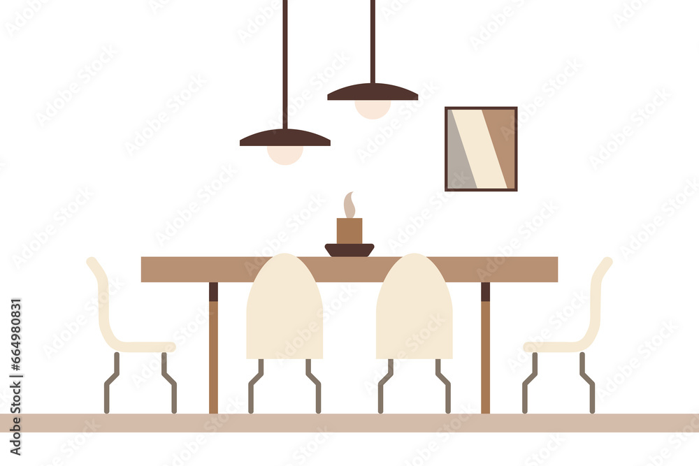 Fototapeta premium Dining table in the living room with chairs, a house plant on the table, a poster, a shelf with books and modern lamps. Flat interior in minimal style, vector