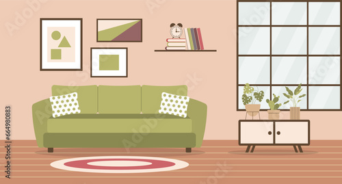 Living room with sofa, home plants on the bedside table, window, bookshelf and paintings on the wall. Flat interior in minimal style, vector