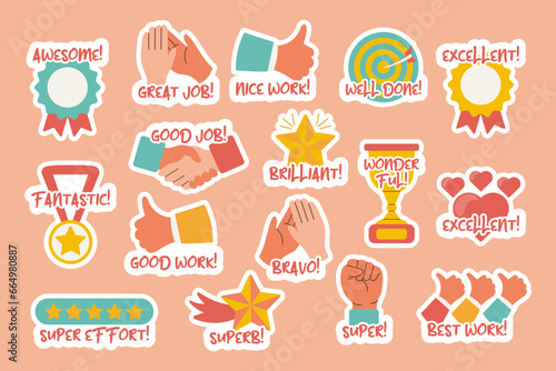 Collection of motivational stickers for great work. Stickers, badges, badges. Flat style, vector