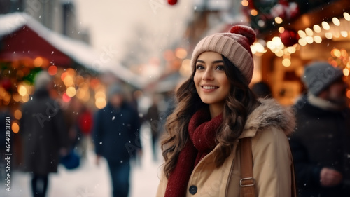 Happy smiling outdoor portrait woman having fun at the Christmas market. Holiday December cheerful enjoyment new year celebrate season. Warm clothing in cold temperature. Merry xmas holiday - event.