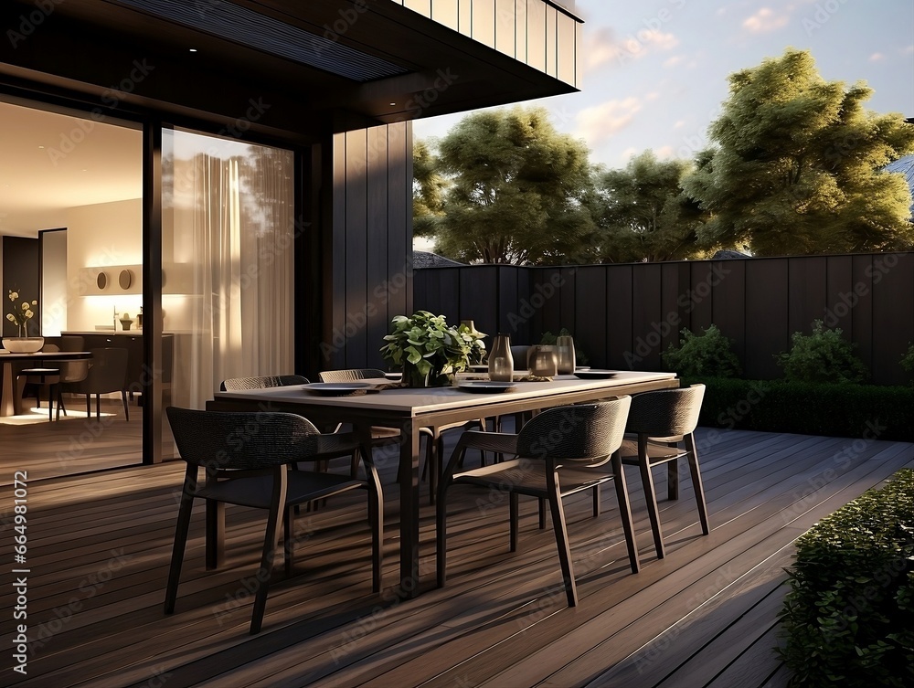 Fototapeta premium Modern terrace with large dining table and wooden floor in front of house generative ai