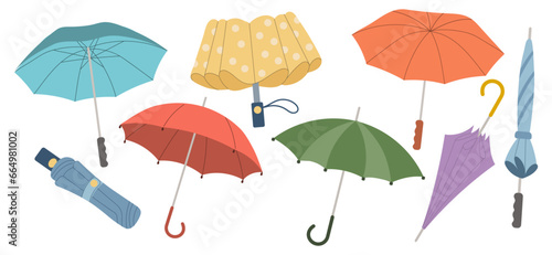 Set of rain umbrellas, open and closed umbrellas. Collection of seasonal accessories. Illustration in flat style. Vector