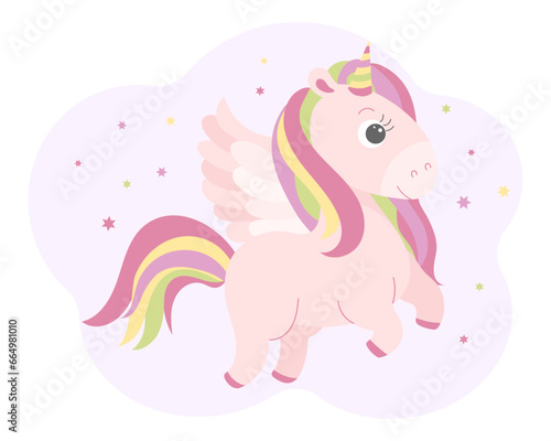 Cute magical unicorn with rainbow mane and rainbow tail in love. Baby illustration  postcard  vector