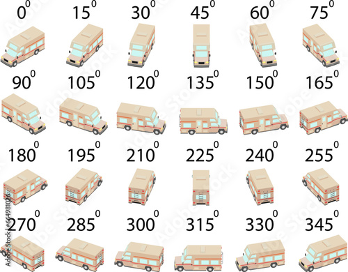 A set of 24 motorhomes from different angles. Rotation of the camper van by 15 degrees for animation.  