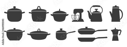 Big set of kitchen utensils, silhouette. Pots, pans, ladle, kettle, coffee maker, mixer, blender. Icons, vector