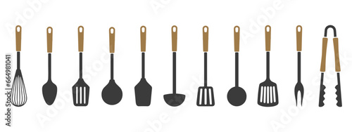 Big set of kitchen utensils, silhouette. Spatulas, hand mixer, spoons, ladles, tongs. Icons, vector