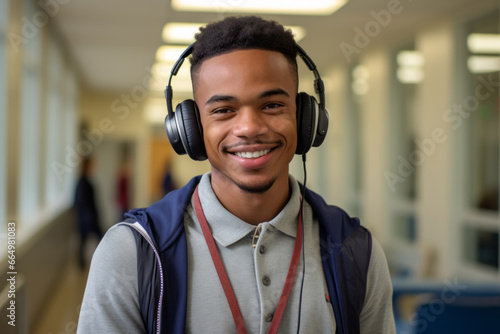Estudiante de universidad en clase con auriculares puestos.  photo
