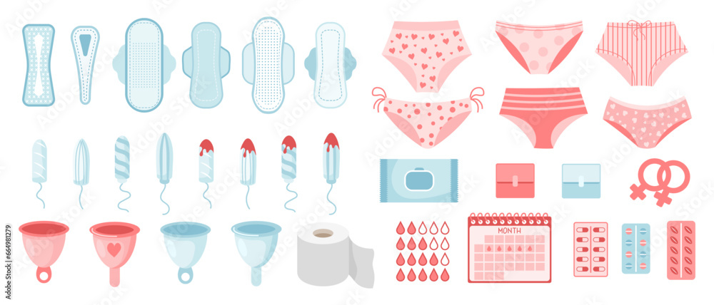 Feminine hygiene set. Menstrual period concept. Menstrual cup, tampons, soap, panties, monthly calendar, sanitary napkin and pills. Vector - obrazy, fototapety, plakaty 