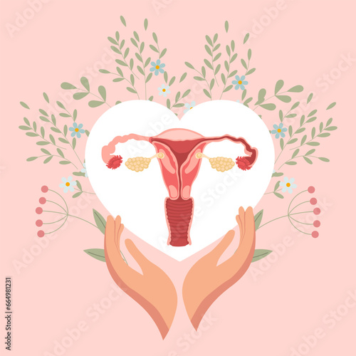 Female uterus in a heart with flowers in hands. Medical poster, banner, vector