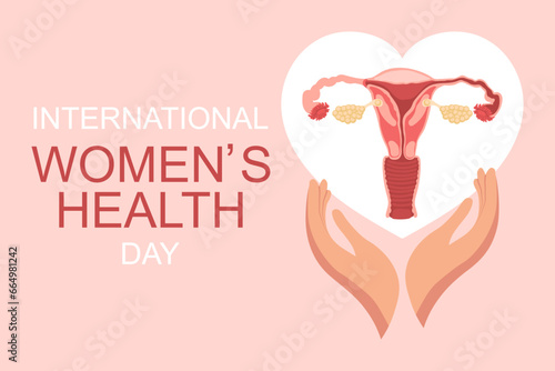 Women's Health Day. Female uterus in the heart in the hands. Medical poster, banner, vector photo